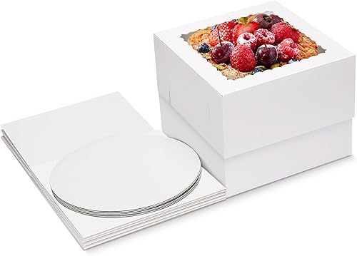 Lonimia Lot de 5 boîtes à gâteau jetables en carton avec 5 plateaux à gâteau, 25,4 x 25,4 x 20,3 cm, blanches, avec fenêtre, convient pour les anniversaires, les fêtes, les mariages - Nail Gallerys