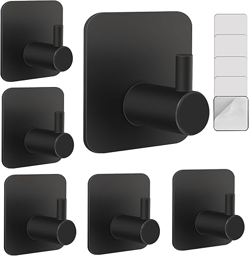 Tccbac Lot de 6 crochets adhésifs noirs - Crochets en acier inoxydable avec adhésifs 3M - Grande capacité de charge jusqu'à 10 kg - Étanche pour salle de bain, cuisine, salon (avec 6 tampons de - Nail Gallerys