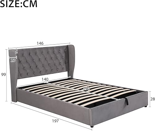 Lit 140 x 190 avec Sommier Lit rembourré en Forme d'oreille, Lit Coffre 140x190 avec Rangement et Tete de Lit, Lit Double avec à Lattes Lit 2 Personnes, Lit Capitonné Velours Cadre de lit 140 x 190 - Nail Gallerys