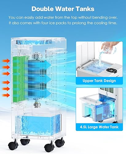 HONMICON Climatiseur Mobile 3 en 1, Refroidisseur d'air, 3 Modes et 3 Vitesses, 1-12H Minuterie, Réservoir de 4,5 L, Oscillation, Télécommande, Refroidissement Rapide, Portable, Silencieux - Nail Gallerys