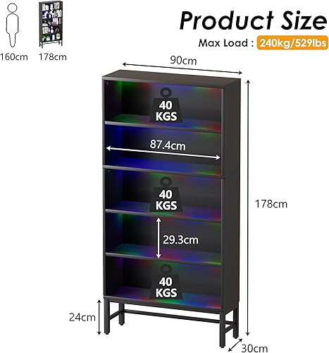 Armoire Vitrine pour Figurine de Collection à 5 Couches Meuble de Rangement Moderne avec LED Vitrine Salon sur Pied Étagère à Lumière Réglable pour Salon, Chambre, Bureau et Salle à Manger 90*30*178CM - Nail Gallerys