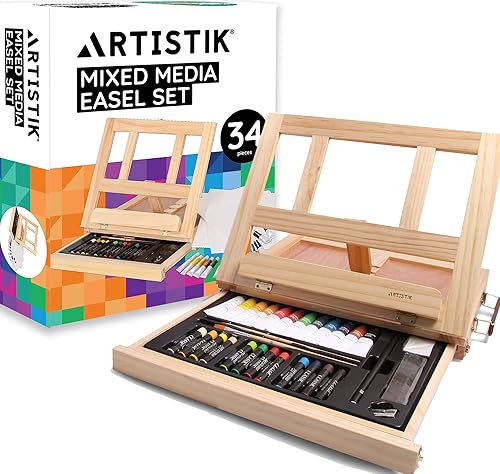 Mixed Media Art Set - Complete Easel Painting Kit with Wood Desk Top Easel Box Includes Acrylic Paints, 3 Canvas Boards, Oil Pastels, Desktop Art Supplies Gift for Beginner Artists, Kids, Adults - Nail Gallerys