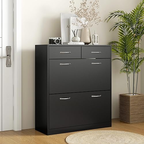 HOMCOM Meuble à Chaussures Armoire à Chaussures - 2 tiroirs et 2 Portes abattantes avec étagère réglable - 80 x 30 x 91,5 cm - poignées en Aluminium, Noir - Nail Gallerys