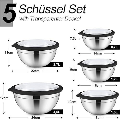 Herogo Lot de 5 saladiers en acier inoxydable avec couvercle hermétique transparent, pour servir la pâtisserie, 4,5 l, 2,7 l, 1,5 l, 1,2 l, 0,7 l, empilables, passent au lave-vaisselle, multicolores - Nail Gallerys