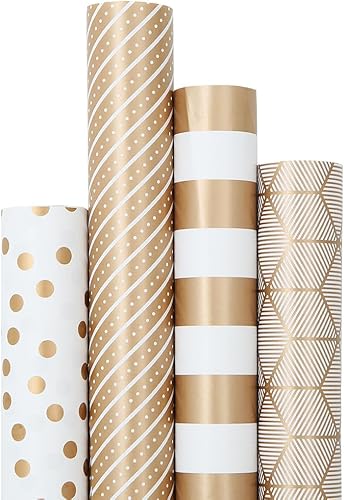 Lot de 4 Rouleaux de Papier Cadeau de Mariage, 4 Rouleaux de Papier Cadeau 43 x 300 cm par Rouleau avec Motif à Rayures et à Pois, 4 Motifs or Rose pour Anniversaire, Mariage, Fête Prénatale - Nail Gallerys