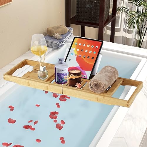 COSTWAY Table pour Baignoire Extensible en Bambou, Plateau de Baignoire avec Support pour Livre, iPad, Tablette, Verre à Vin, Étagère de Baignoire Réglable, Naturel - Nail Gallerys