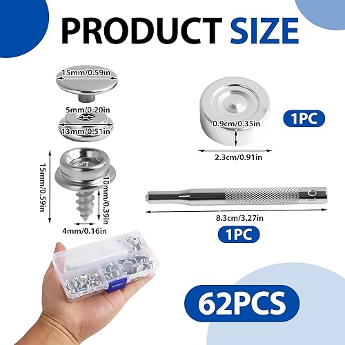 62 Pièces 10mm Boutons pression en Acier Inoxydable pour Toiles, Bâches, Meubles, Voiles et Tentes de Voiture, Incluant Outils de Fixation et Vis, Résistant à la Corrosion et Durable - Nail Gallerys
