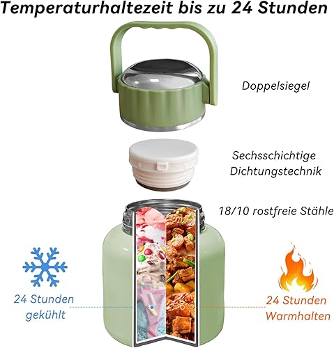 HahaGo Récipient isotherme pour aliments, Boite de Conservation Alimentaire Hermétique - 900 ml - Anti-fuite - Avec couvercle - En acier inoxydable - Pour déjeuner en déplacement - Vert - Nail Gallerys