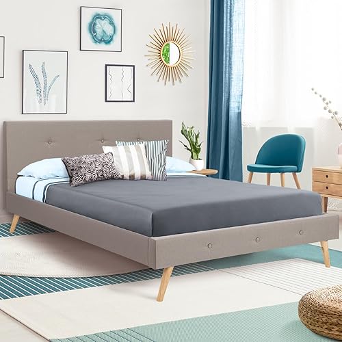 IDMarket - Lit Double scandinave Oslo avec tête de lit et sommier 140 x 190 cm Tissu Beige Effet Lin - Nail Gallerys