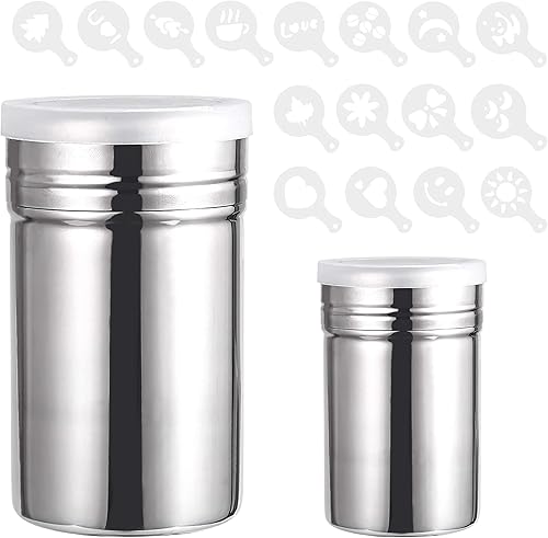 INHEMING Lot de 2 Saupoudreur en Acier Inoxydable, Tamis pour Café,Cacao,Sucre Glace,avec 16 Pochoirs à Cafe - Nail Gallerys