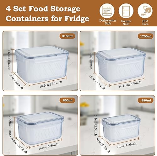 Coikes 4Pcs Boîtes Conteneurs de Stockage d'aliments Frais de Cuisine, Boîtes de Conservation Alimentaire, Boîte Rangement Frigo Avec Passoire Amovible, Récipients de Conservation pour Fruits Légumes - Nail Gallerys
