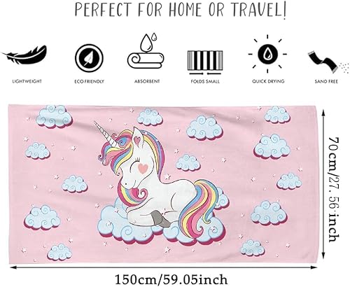IhLux Serviette De Plage Licorne, Serviette De Bain en Microfibre Douce Et Confortable, Rose, 70cm x 150cm, Parfaite pour La Plage, Piscine, Sauna, Salle De Bain - Nail Gallerys