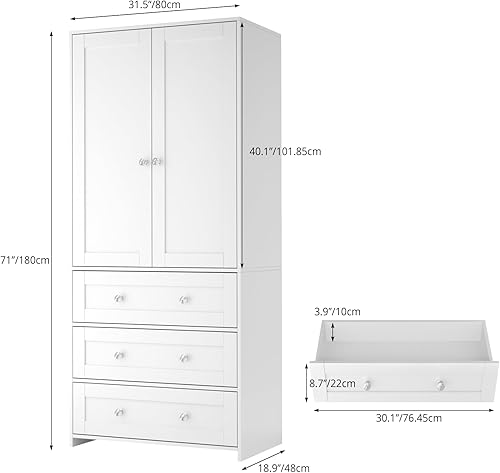 VOWNER Armoire 2 Portes Meuble de Rangement avec 3 tiroir, Armoire Chambre avec Miroir, pour la Chambre à Coucher, Le Salon, Couloir, 180 x 80 x 48 cm, Blanc - Nail Gallerys