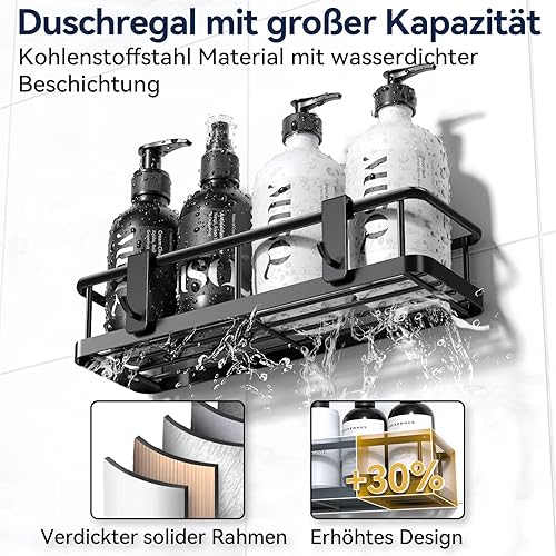 YASONIC Étagère de douche sans perçage - Organiseur de salle de bain avec grande capacité - Séchage rapide sans perçage - Support de shampooing pour douche avec 4 crochets - En acier inoxydable - Noir - Nail Gallerys