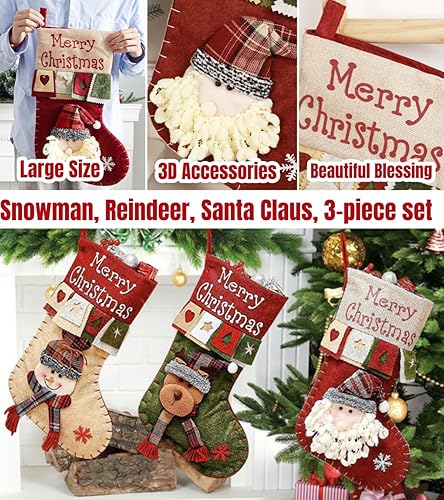 Lot de 3 chaussettes de Noël rétro de 45,7 cm de grande taille, Père Noël, bonhomme de neige, renne, sac cadeau pour escaliers, décoration d'intérieur, cheminée, chambre à coucher, sapin de Noël à - Nail Gallerys