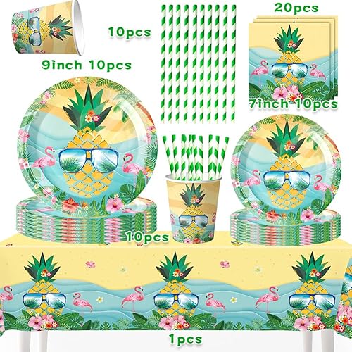 61 Pièces Décorations Fête Hawaïenne Été Set Vaisselle Réutilisable Anniversaire Tropical Ananas Feuilles Assiettes Tasses Serviettes Pailles en Réutilisables Nappe de Table Thème Cartoon Été - Nail Gallerys
