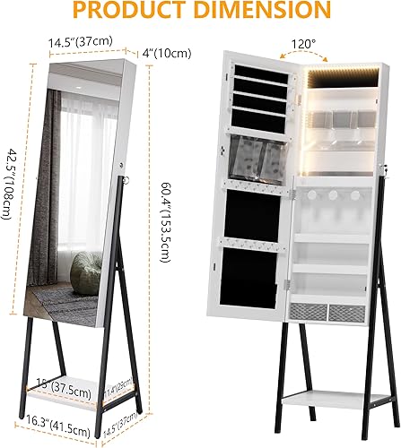 LVSOMT Armoire à Bijoux sur Pied avec LED, Armoire a bijoux avec Miroir Pleine Longueur, Armoire bijoux miroir avec étagères, Miroir bijoux avec Grand espace de stockage pour Chambre Vestiaire, Blanc - Nail Gallerys