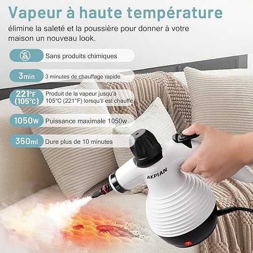 AKPIAN Nettoyeur vapeur à main, nettoyeur à vapeur portable multifonction avec serrure de sécurité et kit d'accessoires de 10 pièces pour enlever la saleté, la graisse - Nail Gallerys
