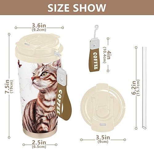 Amooorous Tasse à café décorative en acier inoxydable avec couvercle Motif chats Toyger Cats Marron 500 ml - Nail Gallerys