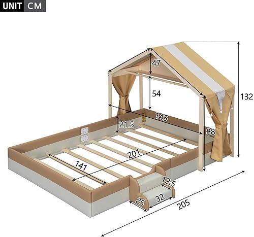 YEHTOKHOME Lit rembourré en PU 140x200cm,Moderne lit pour Enfants en Forme de Maison,Double lit avec marches et sommier à Lattes(sans Matelas) - Nail Gallerys