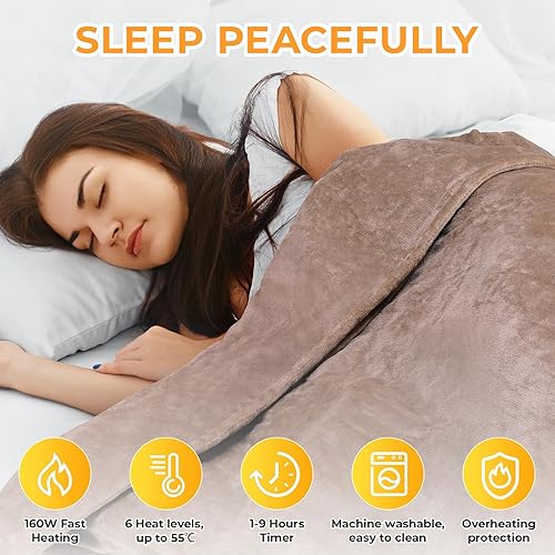 TLGREEN Couverture Chauffante, 180x130 cm 160W Plaid Chauffant Electrique Rapide avec arrêt Automatique, 6 Niveaux de Chauffage, Minuterie de 1-9H, Lavable en Machine, pour Canapé, Bureau, Gris - Nail Gallerys