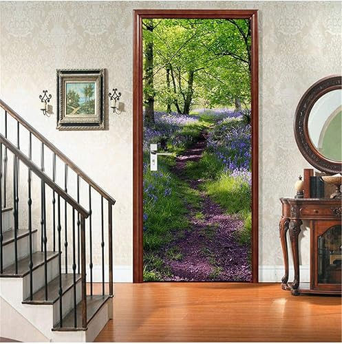 HSKABA Sticker Porte Affiche Autocollante Effet 3D,Poster Trompe l'œil pour Porte,Chemin de Lavande en Forêt,Déco Murale Qualité HD （77x200cm） - Nail Gallerys