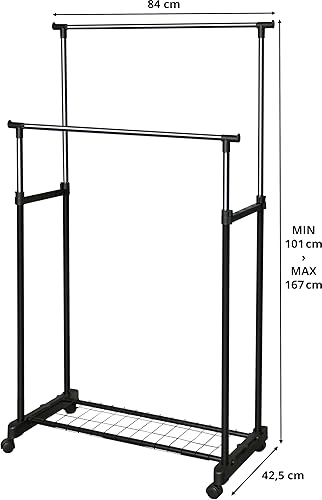 Portant double à vêtements sur roulettes, chrome et noir, ajustable jusqu’à 160 cm, 80 x 43 x 90-160 cm, M home by Mazzei Mondex, Chromé - Nail Gallerys