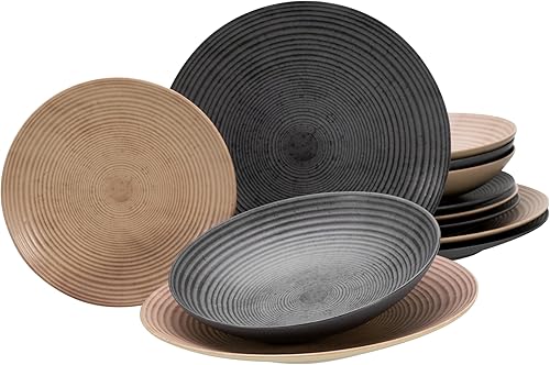 CreaTable, 13139, Serie Catania Mix, Geschirrset, Teller Set 12 teilig, Anthrazit & Sand - Nail Gallerys