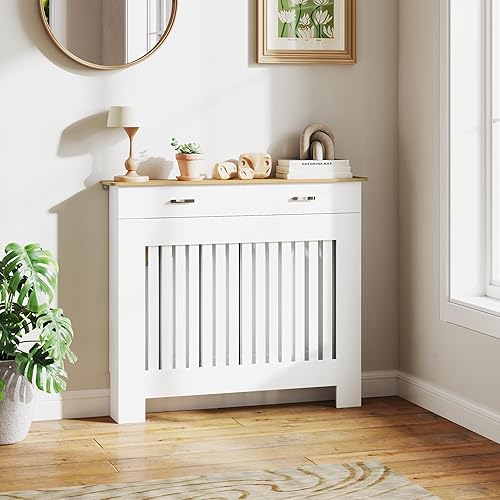 HOMCOM Cache-radiateur à lattes anti-inclinaison avec tiroir de rangement, Cache-radiateur en bois, 112x19x97 cm, Blanc - Nail Gallerys