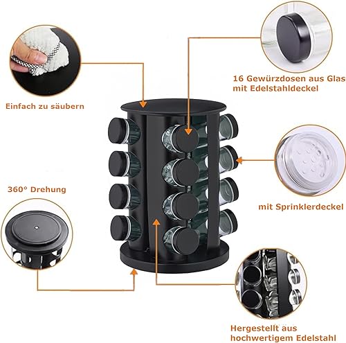 EliteHoff Carrousel à épices, Étagère à épices rotative en acier inoxydable, Tourniquet à épices ronde, Ensemble de pots à épices noir (16 pots) - Nail Gallerys