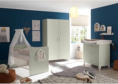 Stella Trading Prizzi Complet Aspect Ensemble de Meubles pour Chambre 3 pièces composé d'une Armoire, d'un lit de bébé et d'une Commode à Langer, Bois, Vert Pastel/Aurum, Komplett-Set 2 - Nail Gallerys