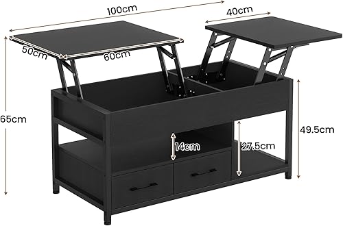 KIMENICH Table Basse Relevable et Pliante, Table de Salon avec Compartiments Cachés et Ouverts, 2 Tiroirs, pour Salon, Bureau, 100 x 50 x 51 cm, Gris - Nail Gallerys