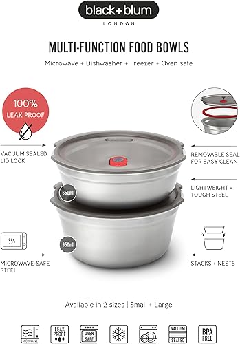 BLACK + BLUM - Boîte Repas Ronde Hermétique - Inox Compatible Micro-Onde, Lave-Vaisselle, Four et Congélateur - Couvercle Sécurisé - 950 ml - Gris/Rouge - Nail Gallerys
