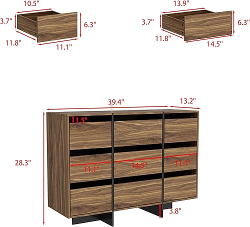 Commode Armoire de rangement 100 cm 6 tiroirs en MDF sans poignées Style industriel rustique Marron + Noir avec côtés en verre noir Convient aux petits appartements - Nail Gallerys