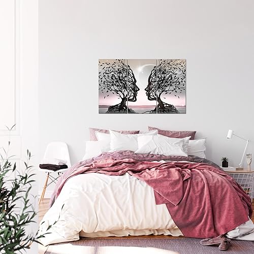 Runa Art Tableau Decoration Murale - Couple d'Amoureux - 3 Parties - Salon - 120 x 80 cm XXL - Gris Rose Abstrait Arbre - 044831b - Nail Gallerys