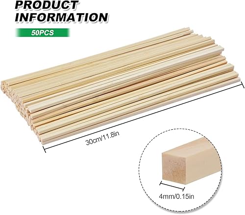 Lot de 50 baguettes en bois pour le bricolage - Carrés - 30 cm de long - Baguettes en bambou pour bricolage - Nail Gallerys
