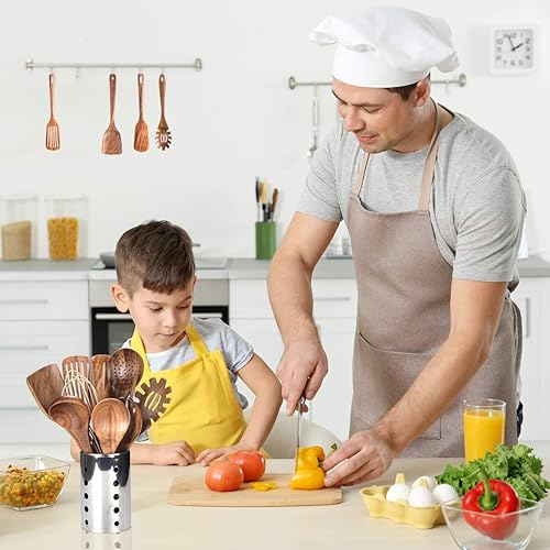 Ensemble d'ustensiles de cuisine avec support, ustensiles de cuisine en bois pour la cuisine, ustensiles en bois de teck naturel pour la cuisine, ensemble d'ustensiles de cuisine en bois avec spatule - Nail Gallerys