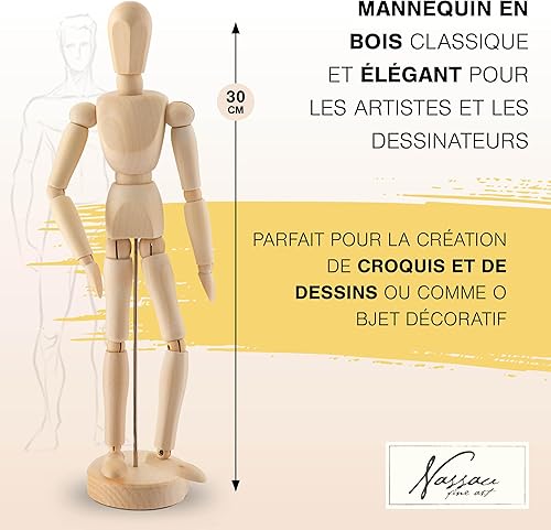 Mannequin de Bois Articulé Nassau Fine Art | Pantin articulé de 30 cm | Personnage en Bois pour le Dessin | Mannequin Anatomique | Fourniture d’Artiste pour le Kit d’Art | Marionnette pour Dessin - Nail Gallerys