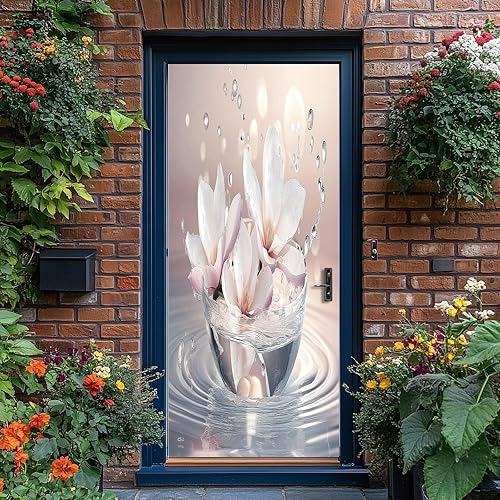 Sticker Porte Vase de style chinois à fleurs blanches 77x200 cm Bleu clair Papier Peint 3D pour Porte intérieure Bureau Chambre à Coucher Salon Salle de Bain, Papier Peint pour Décoration Mur - Nail Gallerys