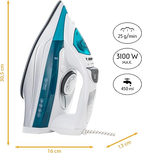 TZS First Austria Fer à repasser vapeur I 3100W I Semelle en céramique I Auto-nettoyage I Vapeur verticale I Anti-calcaire I Repassage à sec I Réservoir d'eau de 0,45L I 1,4kg - Nail Gallerys