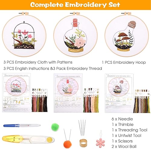 Kit de Démarrage de Broderie, 3 Pcs Kit de Broderie au Point de Croix avec Modèle et Instructions, Kit de Broderie Débutant pour Adultes pour la Couture d'Artisanat d'Art DIY (Fleurs et Plantes) - Nail Gallerys