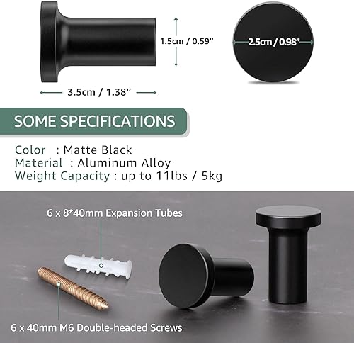 GUWINA 6 Pièces Crochet Manteau Mural Noir, Minimaliste Robuste Patère Murale, Multi-Usages Crochet Porte Manteau, Patère Porte Manteau pour Entrée Chambre Salle de Bain vis Inclus - Nail Gallerys