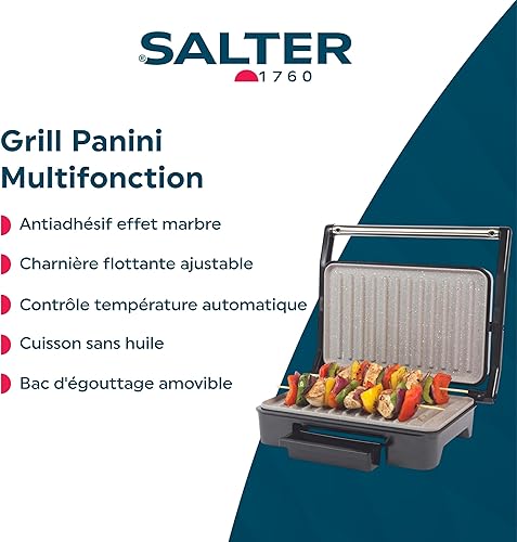 Salter Marblestone, Machine à Paninis Antiadhésive, Cuissom Sans Huile, Charnière Flottante pour Aliments Plus Grands, Contrôle de Température Automatique, Bac d'Égouttage Amovible,Grill Multifonction - Nail Gallerys