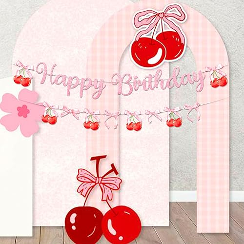 JeVenis bannière d'anniversaire à la cerise décorations d'anniversaire avec nœud sur le thème de la cerise décor de fête avec nœud décor de fête à la cerise accessoires d'anniversaire - Nail Gallerys