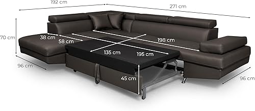 LOUNGITUDE - RIO - Canapé d'angle -Gauche- Convertible - 5 Places - Coffre - Têtières réglables - En Simili - Noir - L271cm - Nail Gallerys