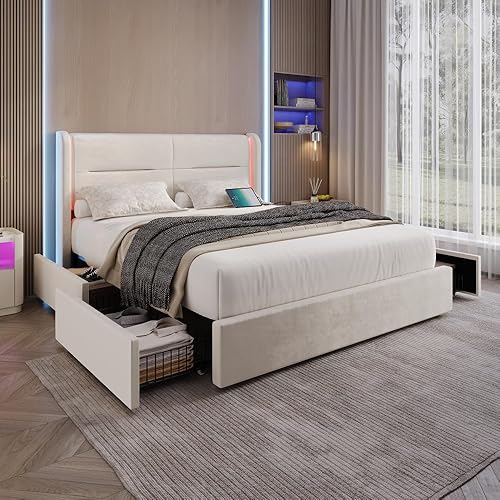 Seyakany Cadre de lit 140 x 200 avec éclairage LED et Deux Ports USB,lit 140x200 avec sommier à Lattes,Coffre capitonné avec 4 tiroirs de Rangement Pratiques,1/2 Personnes avec Rangement,Noir - Nail Gallerys