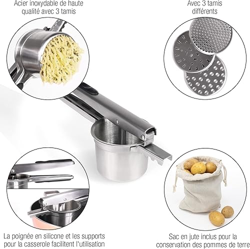 AMAZY Presse-purée avec 3 tamis et un sac à pommes de terre - Presse en acier inoxydable résistant au lave-vaisselle pour faire de la purée de pommes de terre, des boulettes et des gnocchi. - Nail Gallerys