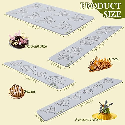 Sxutop 4 Pièces Tapis Dentelle Silicone Moule Feuille Moule Dentelle Patisserie 3D Tapis de Silicone à Motif Variés avec Feuille Papillon Oignon Taco pour Chocolat Fondant Sucre Décoration de Gâteau - Nail Gallerys
