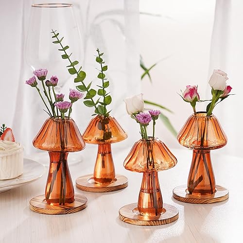 NiHome Lot de 4 pots de fleurs en verre borosilicate durable avec base en bois pour fleurs, culture hydroponique et décoration d'intérieur (marron) - Nail Gallerys