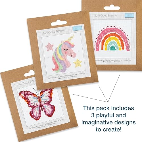 Trimits Lot de 3 kits de broderie au point de croix - Kit de broderie compté pour débutants et tous niveaux - Avec instructions (français non garanti) et fil - Décoration murale pour enfants - 13 x 13 - Nail Gallerys